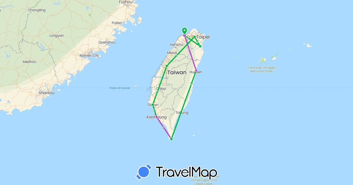 TravelMap itinerary: driving, bus, train in Taiwan (Asia)